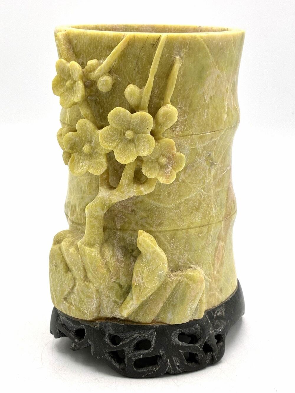 Vintage Chinese Carved Soapstone Brush Pot Vase Bird Flowers Made in China